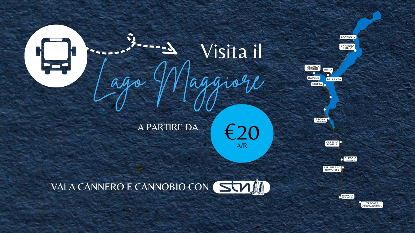 Tabella delle "Tariffe Navigazione 2026 (andata e ritorno, a persona)" con i prezzi delle tratte per diverse località del Lago Maggiore (tra cui Arona, Stresa, Pallanza e Cannobio) in partenza da Novara, Oleggio, Varallo Pombia e altre stazioni. I prezzi variano da 20 € a 32 €.